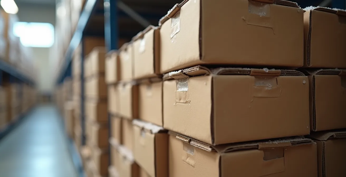 Vue macro d'un système d'empilement de boîtes en quinconce comme un mur de briques dans une unité d'entreposage