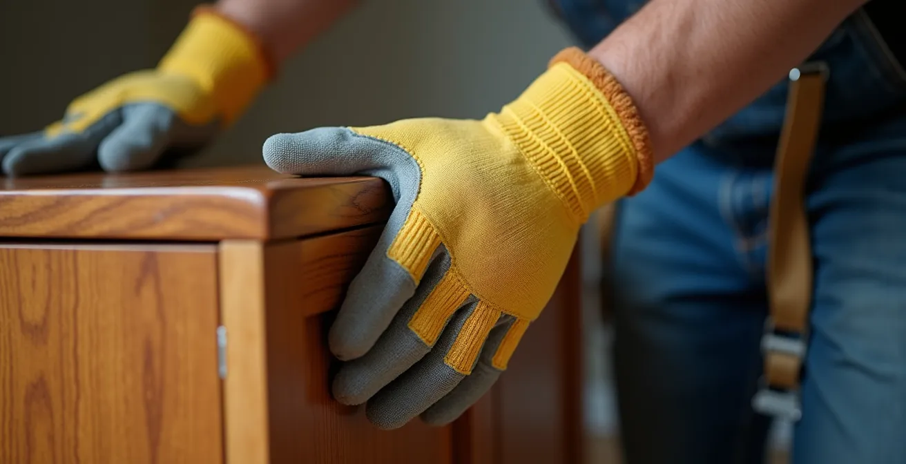 Gros plan sur les mains d'un déménageur guidant un meuble lourd porté avec des sangles, illustrant la technique du gouvernail
