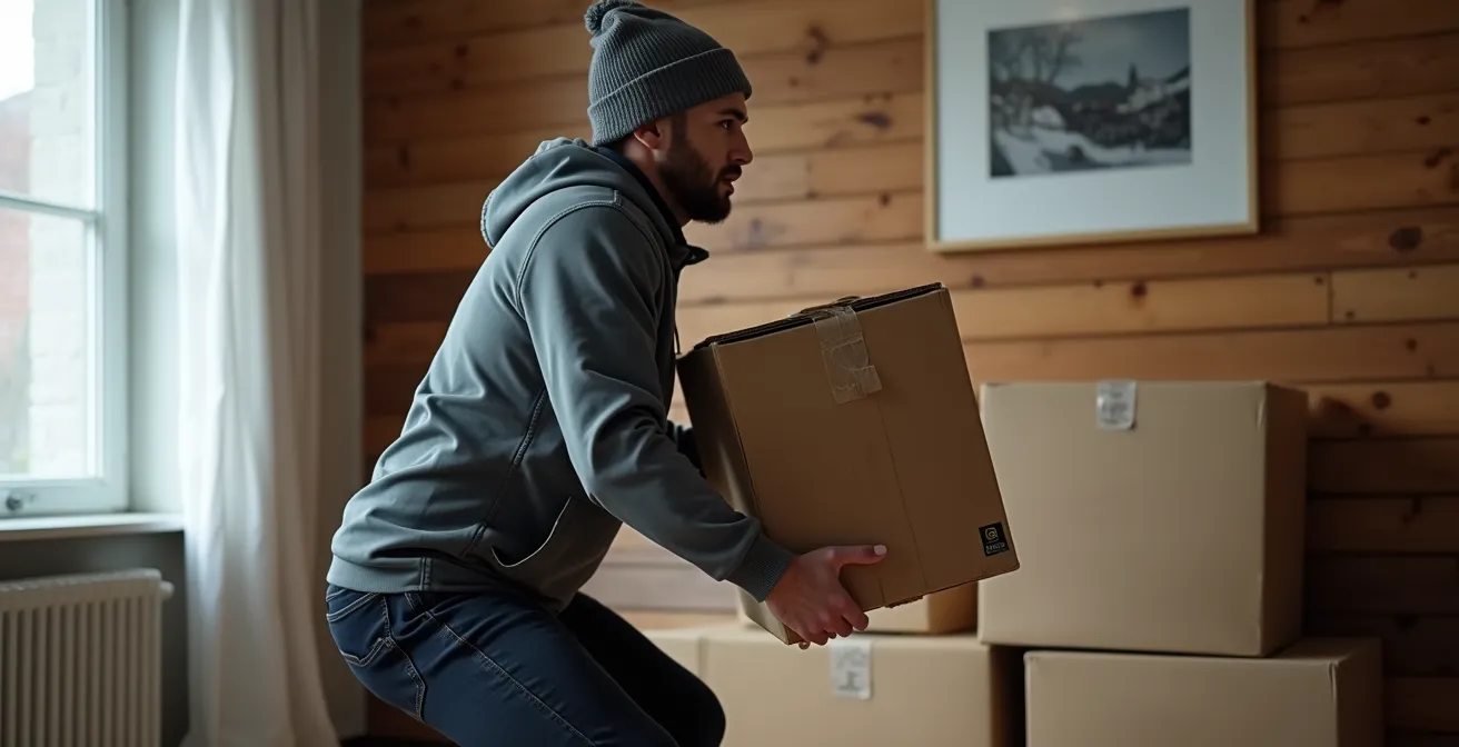 Personne démontrant la bonne technique de levage avec les genoux pliés et le dos droit