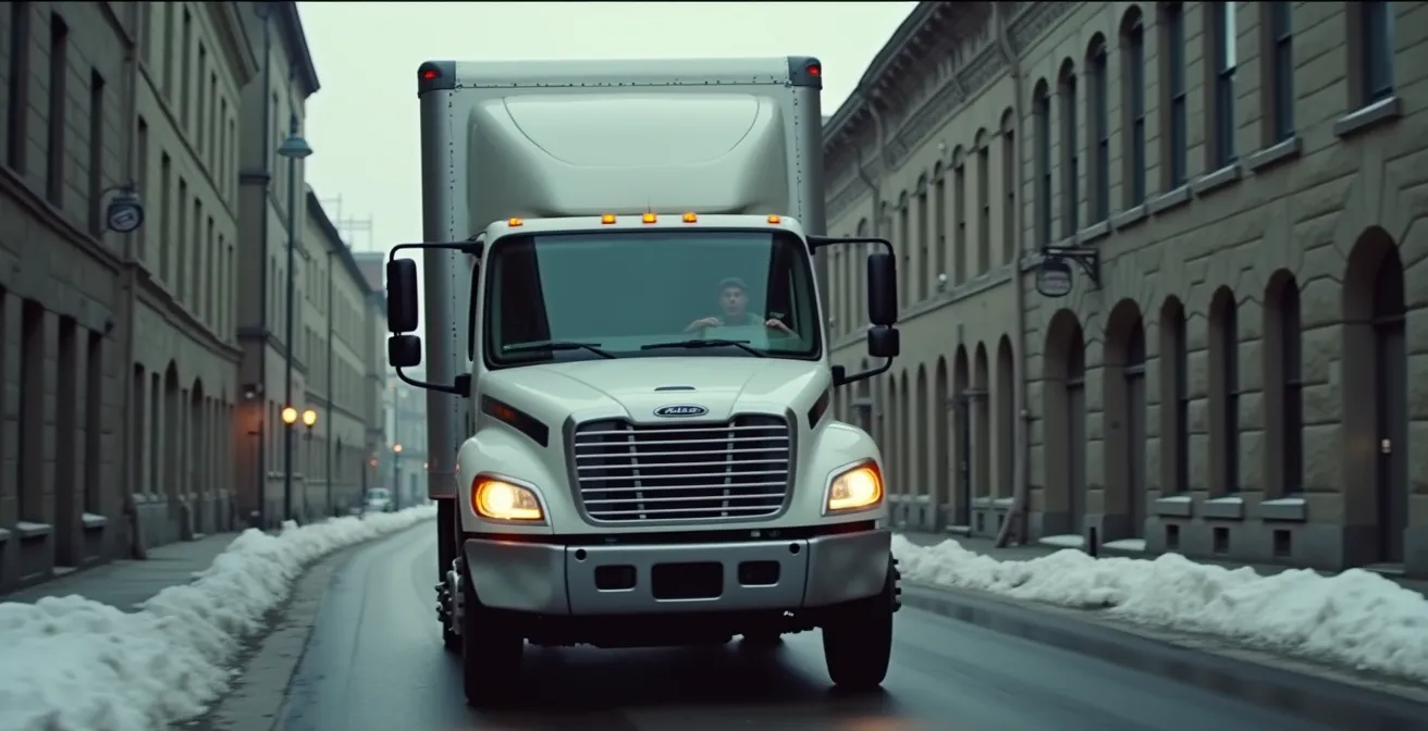 Vue aérienne d'un camion cube négociant un virage serré dans une rue étroite du Vieux-Québec, avec conducteur utilisant les deux rétroviseurs