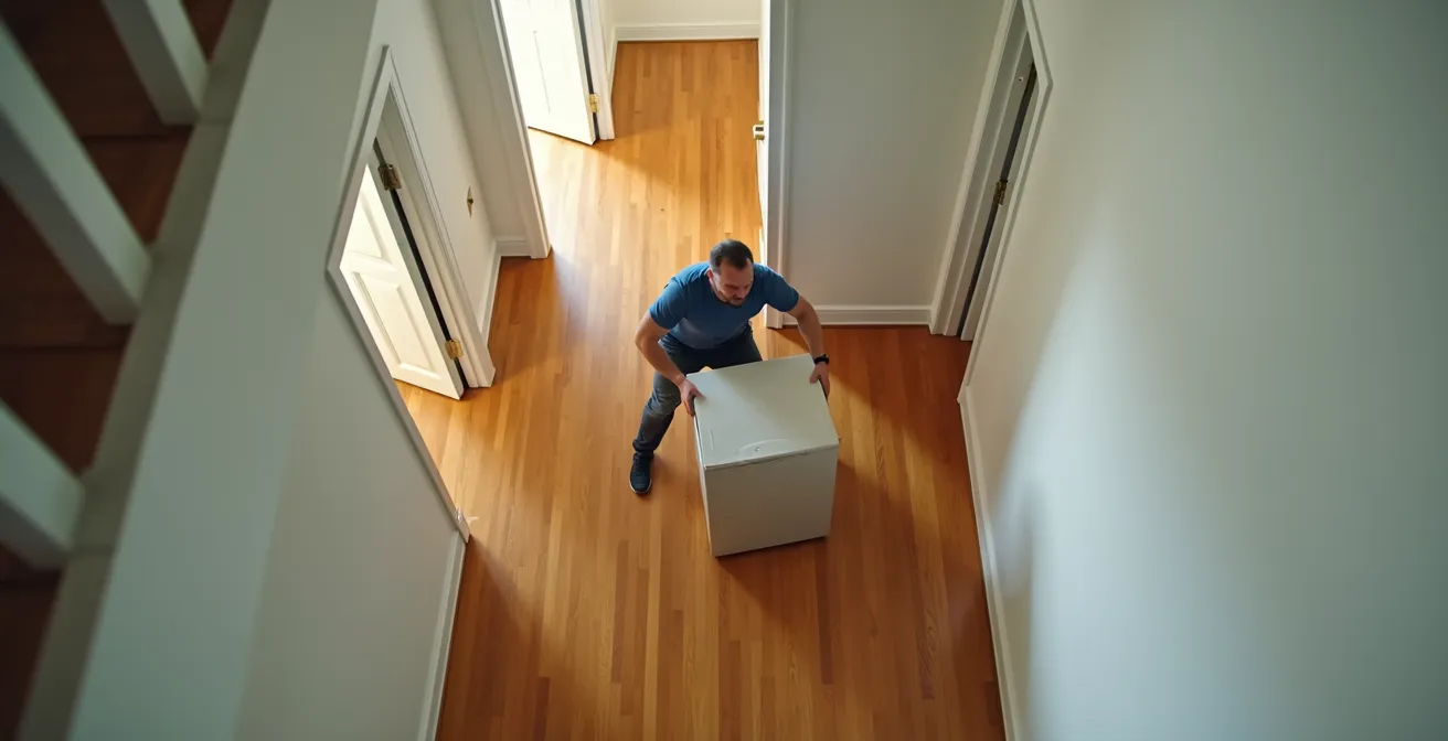 Vue aérienne d'un déménageur exécutant la technique du pivot par petits pas avec un électroménager dans un couloir étroit
