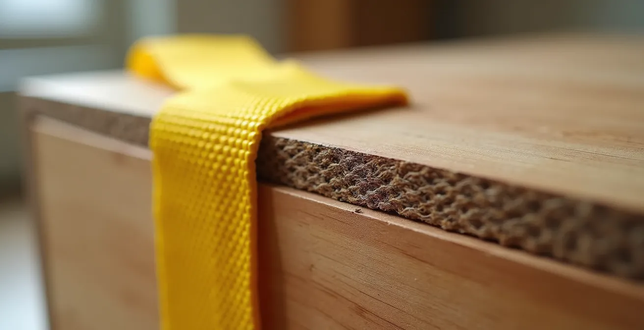 Gros plan sur une sangle d'arrimage avec protection en carton plié sur un meuble en bois