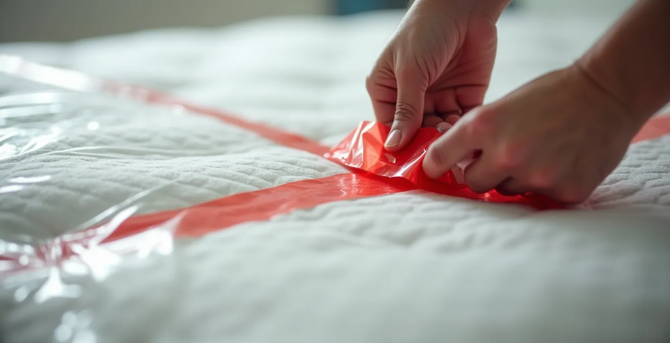 Gros plan sur les mains scellant une housse de matelas avec du ruban adhesif rouge, technique du pli portefeuille