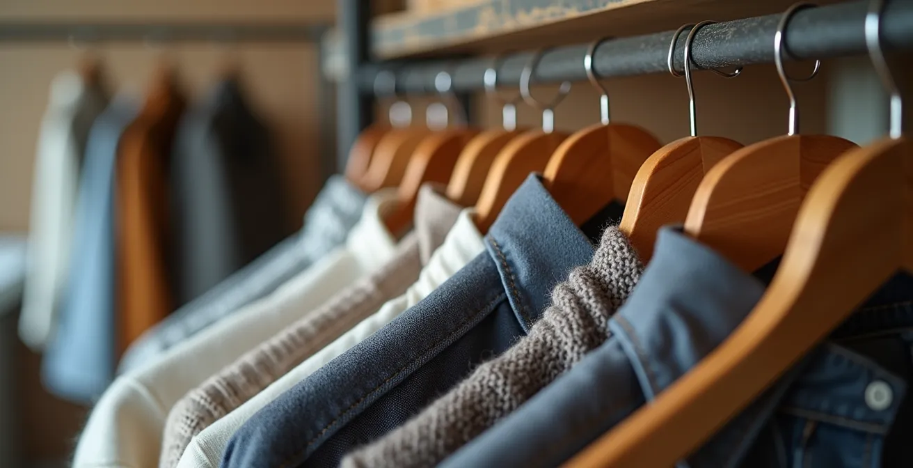 Gros plan sur des mains enveloppant des vêtements sur cintres dans un drap-housse élastique