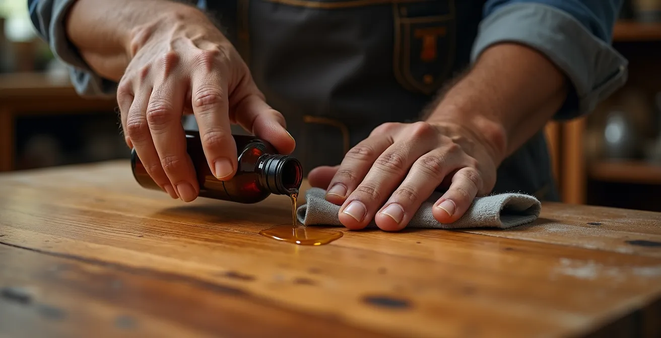 Vue rapprochée de mains appliquant un traitement protecteur sur une surface en bois avec des produits d'entretien flous en arrière-plan