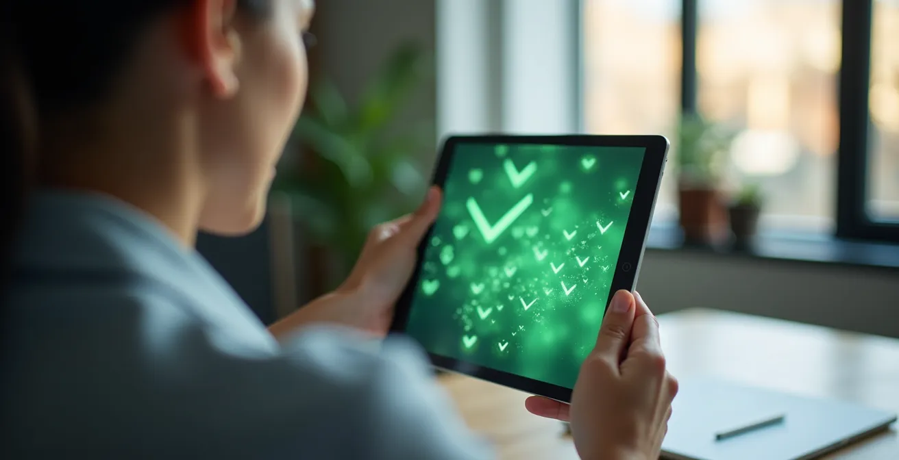 Main tenant une tablette montrant un écran flou avec des indicateurs de validation verts