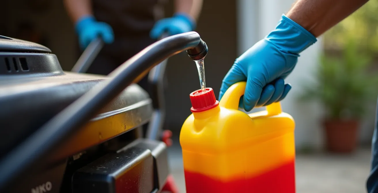 Vue rapprochée d'un réservoir d'essence de tondeuse en cours de vidange dans un contenant approuvé